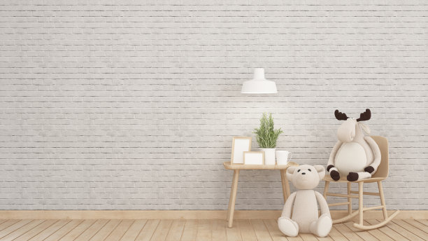儿童房或家庭或公寓的客厅-客厅与砖墙装饰室内设计- 3D渲染图片下载