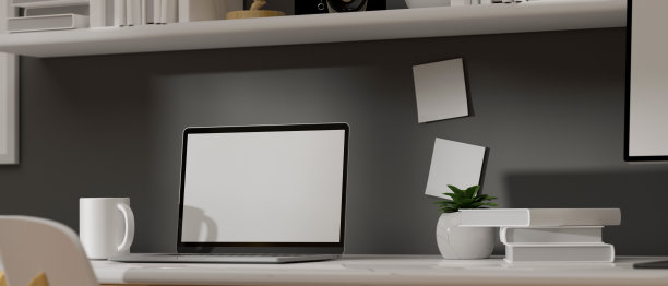 笔记本电脑与实体屏幕的桌子上的书籍和装饰在家庭工作空间，3D渲染图片下载