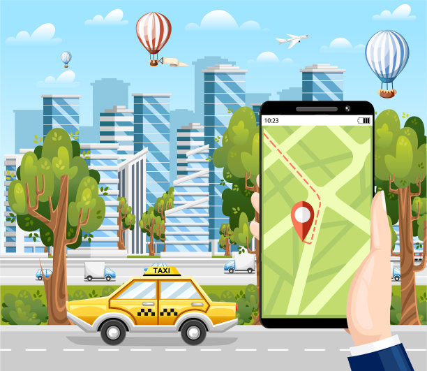 通过手机app城市摩天大楼预订出租车图片下载