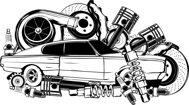 古董车和组件收集在黑色和图片下载