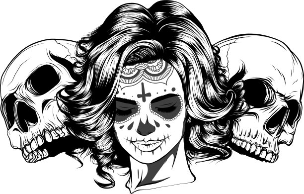 女孩用骨架化妆手绘图片下载