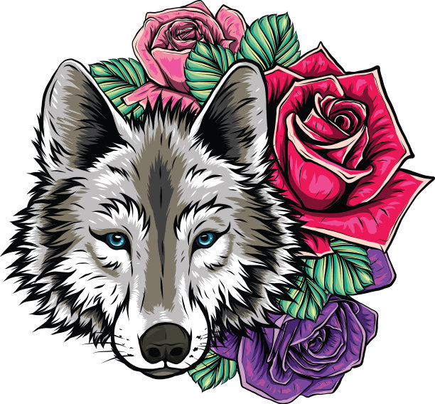 刺绣狼和玫瑰的刺绣补丁图片下载