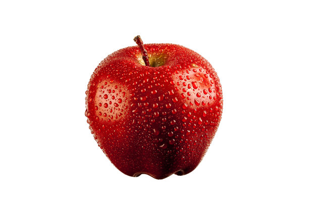 一个湿的红苹果，在白色的背景上有孤立的水滴。高质量的广告图片下载