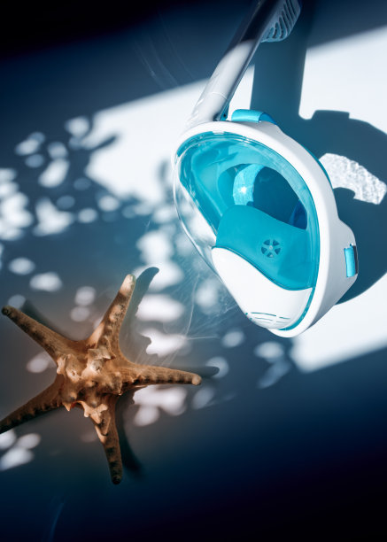 全脸潜水面罩和海星在白色的背景和植物的影子。潜水用的游泳面罩。全脸的保护。准备度假、放松的概念。图片下载