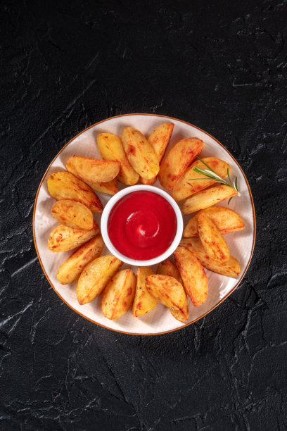 烤土豆角，迷迭香和番茄酱，从上面射下来图片下载