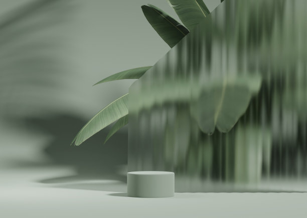 3D背景，讲台基座上绿色。香蕉棕榈树叶玻璃夏日自然美容产品推广平台展示。自然3D渲染复制空间横幅最小时尚插图。图片下载