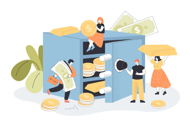 小人把金子和硬币放进保险箱图片下载