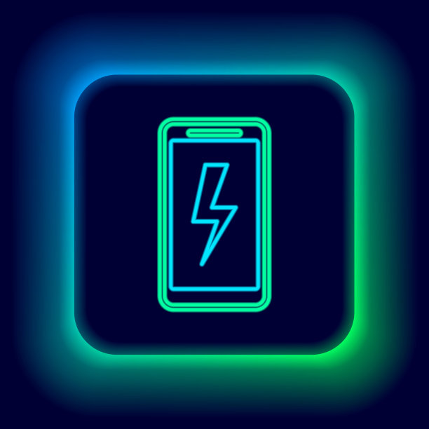发光的霓虹灯线智能手机充电图标孤立在黑色背景。电量不足的手机。色彩斑斓的轮廓的概念。向量图片下载