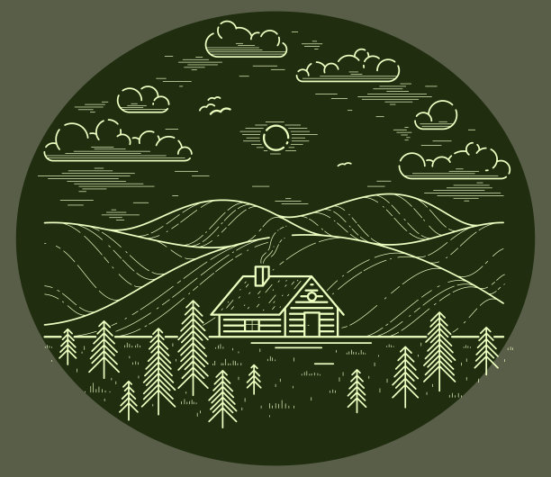 草原上的小屋和草地上的松树线性矢量自然插图上的黑暗，木屋小屋的休息，假期和假期主题线艺术绘画，伍德豪斯度假胜地。图片下载