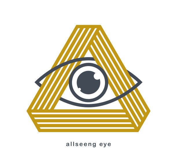 所有视眼在三角形金字塔向量古代符号在现代线性风格孤立在白色，上帝之眼，共济会符号，秘密知识光照。图片下载