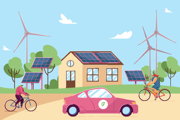 人们骑着自行车在屋顶上有太阳能板的房子前面图片下载