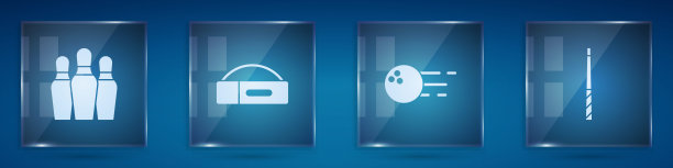 集保龄球瓶，球杆，球和台球。方形玻璃面板。向量图片下载