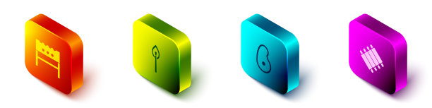 设置等距烧烤火盆，用火燃烧火柴，牛排肉和烤猪肉烧烤排骨图标。向量图片下载