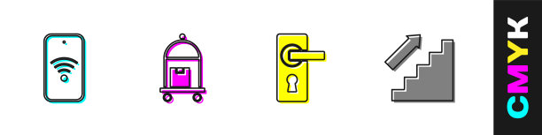 设置移动无线，手提箱，门把手和楼梯上的图标。向量图片下载