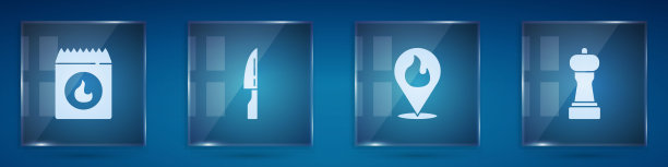 放置烧烤煤袋，刀，位置用火苗和胡椒。方形玻璃面板。向量图片下载