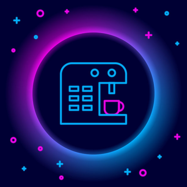 霓虹灯线咖啡机图标孤立在黑色背景。色彩斑斓的轮廓的概念。向量图片下载