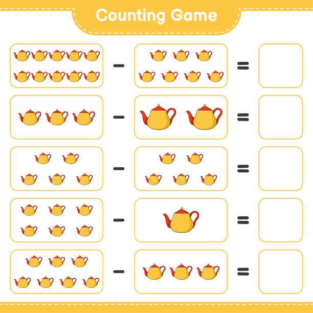 数数游戏，数出茶壶的个数并写下结果。教育儿童游戏，可打印的工作表，矢量插图图片下载