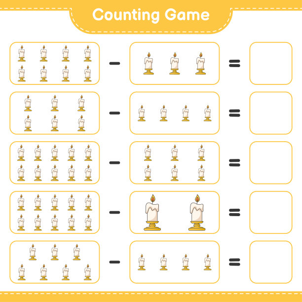 数数游戏，数蜡烛的数量并写出结果。教育儿童游戏，可打印的工作表，矢量插图图片下载
