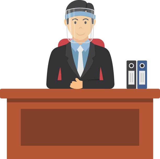 商人穿着冠状病毒防护装备，在他的办公桌上工作矢量图库设计，新常态商人在白色背景上图片下载