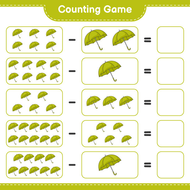 数游戏，数伞的数量并写出结果。教育儿童游戏，可打印的工作表，矢量插图图片下载