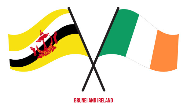 文莱和爱尔兰旗帜交叉和挥舞扁平风格。官方的比例。正确的颜色图片下载