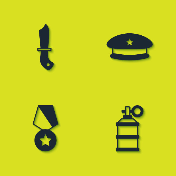 设置军刀，手烟雾手榴弹，奖励奖章和贝雷帽图标。向量图片下载