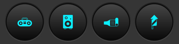 设置家庭立体声与两个扬声器，立体声，生日派对喇叭和烟花火箭图标。向量图片下载