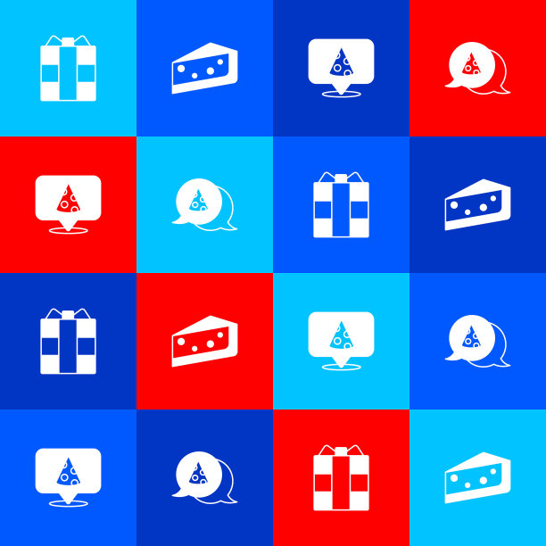 集礼品盒，一块蛋糕，切片披萨和图标。向量图片下载