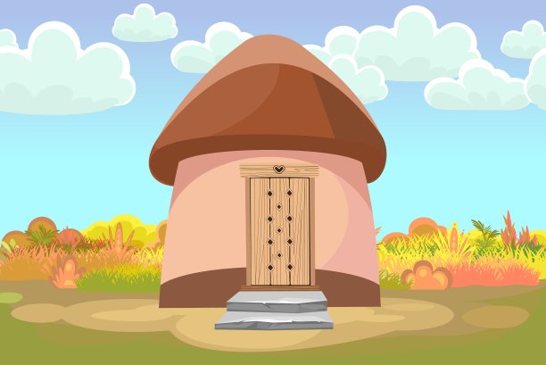 在空地上的神奇滑稽的房子。棕色的屋顶。草草甸。云。美丽的卡通景观插图。木门。可爱的婴儿照片。向量图片下载