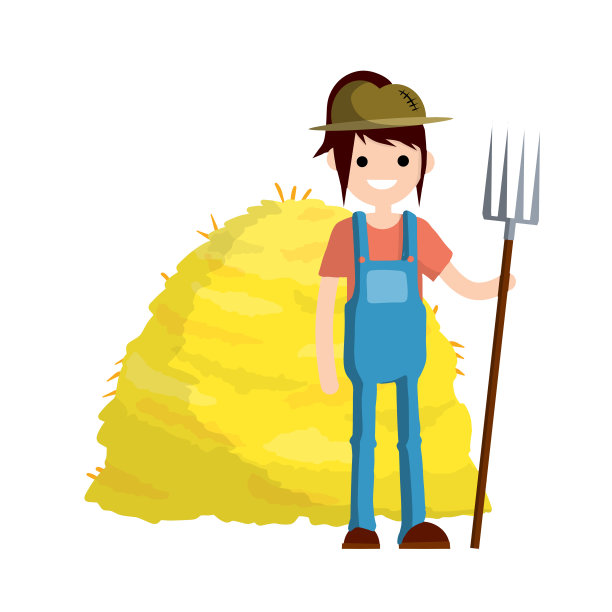穿着蓝色连体衣，戴着帽子，手里拿着叉子的农夫。黄色的干草堆。的职业。农村女人。乡村女孩。卡通平面插图。天然食品的生产。村字符图片下载