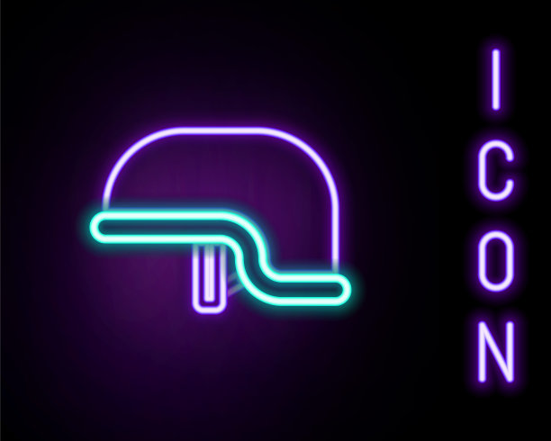 发光的霓虹线军事头盔图标孤立在黑色背景。军帽象征着防卫和保护。防护帽。色彩斑斓的轮廓的概念。向量图片下载