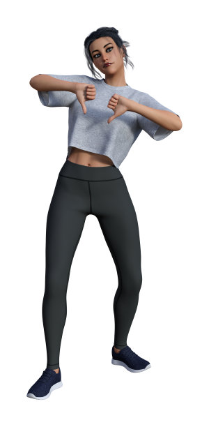 一个女人孤立在一个白色的背景，使两个拇指向下与她的手。图片下载