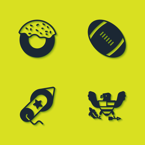 设置甜甜圈，鹰，烟火和美国足球图标。向量图片下载