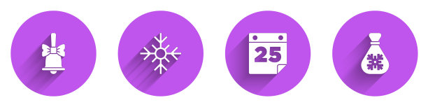 圣诞响铃、雪花、日历和圣诞老人礼品袋图标，带长阴影矢量图图片下载