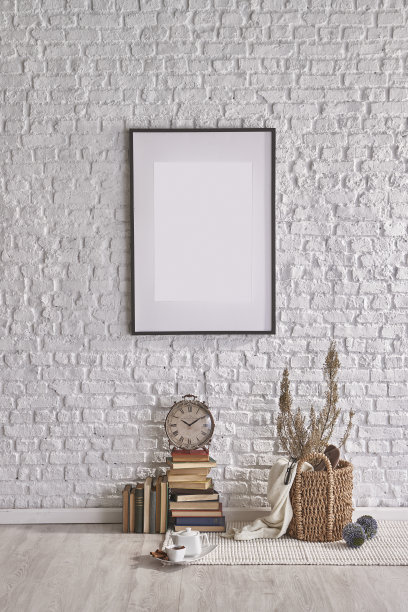 现代家居内饰风格白色砖墙配桌框书图片下载