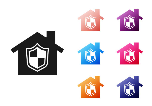 黑屋在保护图标隔离在白色背景。家和盾牌。保护、安全、保障、保护、防御的理念。设置图标丰富多彩。向量图片下载