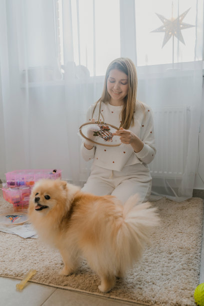 家里有狗刺绣的女人图片下载
