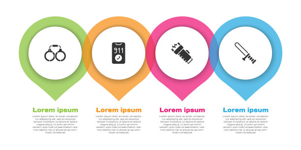 戴上手铐，拨打911，警察电击器和橡胶警棍。业务信息模板。向量图片下载