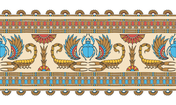 水平无缝图案，古埃及装饰装饰与蝎子，圣甲虫和棕榈树图片下载