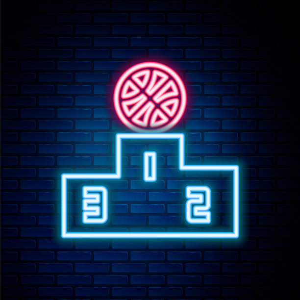 霓虹灯线篮球运动员的图标孤立在砖墙的背景。色彩斑斓的轮廓的概念。向量图片下载