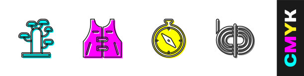 设置非洲树，狩猎夹克，指南针和攀登者的绳子图标。向量图片下载