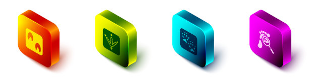 设置等距马爪脚印，鸡，狐狸和放大镜与脚印图标。向量图片下载