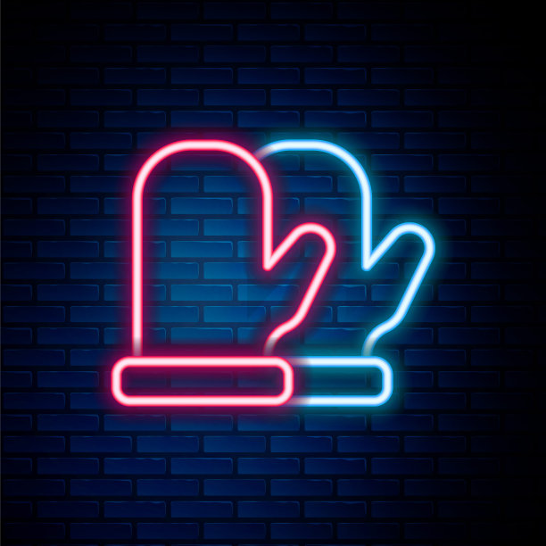 发光的霓虹灯线圣诞手套图标孤立的砖墙背景。色彩斑斓的轮廓的概念。向量图片下载