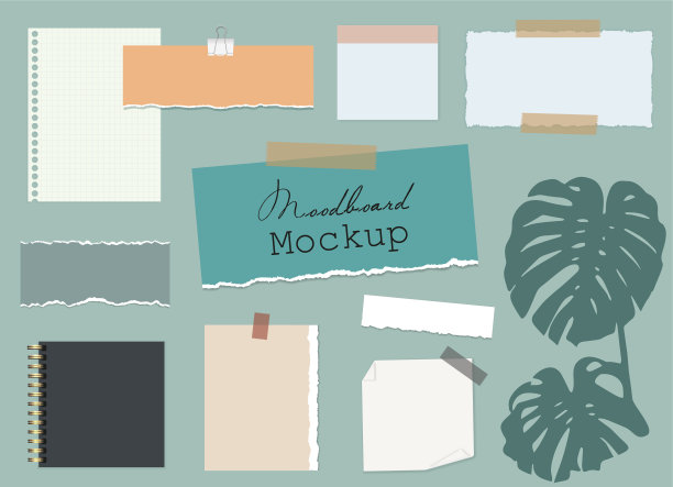 心情板模板与不同的多颜色的笔记在粘性胶带，纸片，记事本和怪物树叶在绿色的背景。现代设计模型，社交媒体。向量EPS10。图片下载