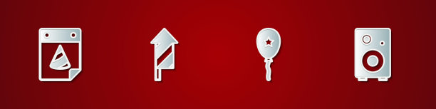 设置日历派对，烟花火箭，气球与丝带和立体声扬声器图标。向量图片下载