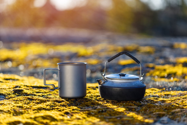 在芬兰森林里，茶壶和钛杯放在长满苔藓的石头上。图片下载