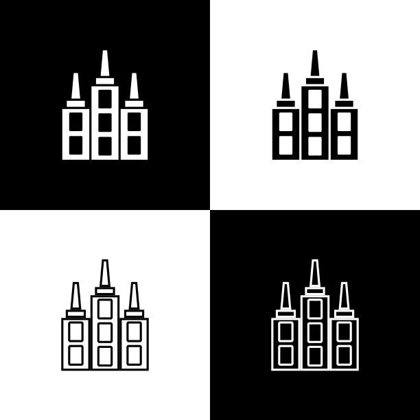 设置摩天大楼图标孤立的黑色和白色图片下载