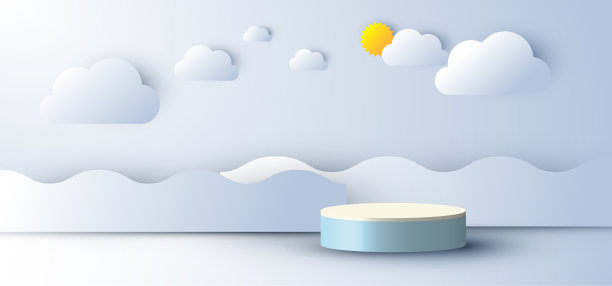 3D写实抽象极简场景空讲台展示与云和太阳，波浪海剪纸风格的蓝天背景图片下载