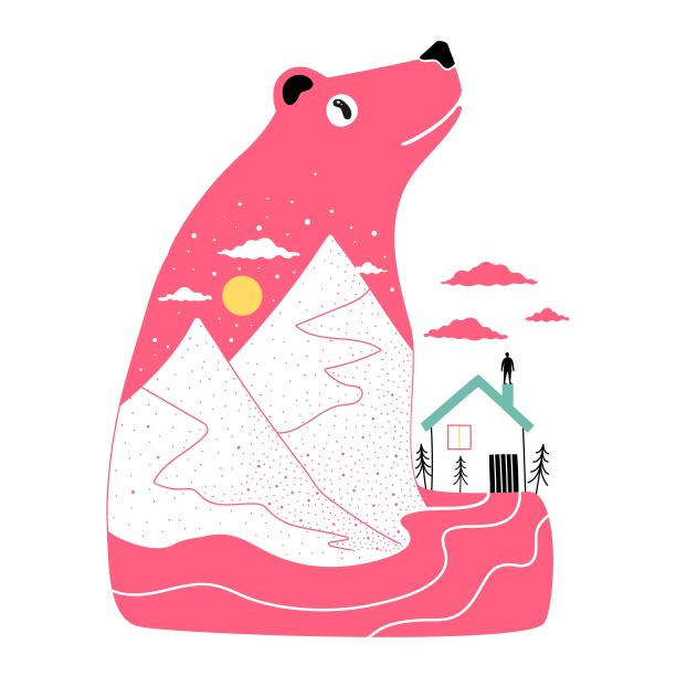 矢量插图与粉红色的熊，山，人和房子。时尚的彩色印花设计，搭配野生动物和自然景观。图片下载