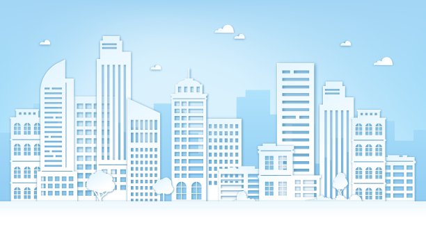 剪纸的城市。城市景观有摩天大楼，建筑，树木，天空和云彩。折纸剪影城市全景矢量概念图片下载